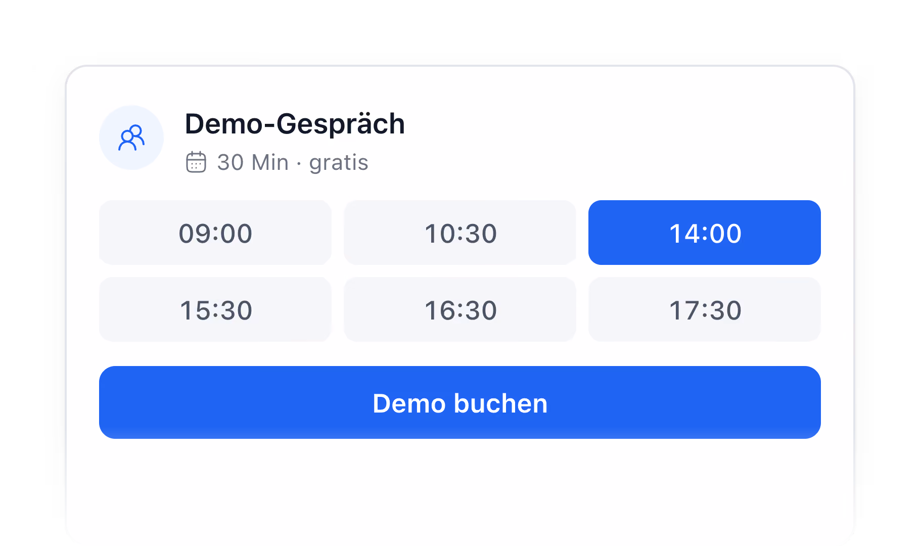 Terminplan für kostenloses Demo-Gespräch mit auswählbaren Zeiten und Buchungsknopf.