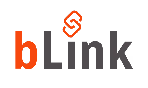 bLink Schriftzug mit verbundenem Kettensymbol in Orange und Grau.