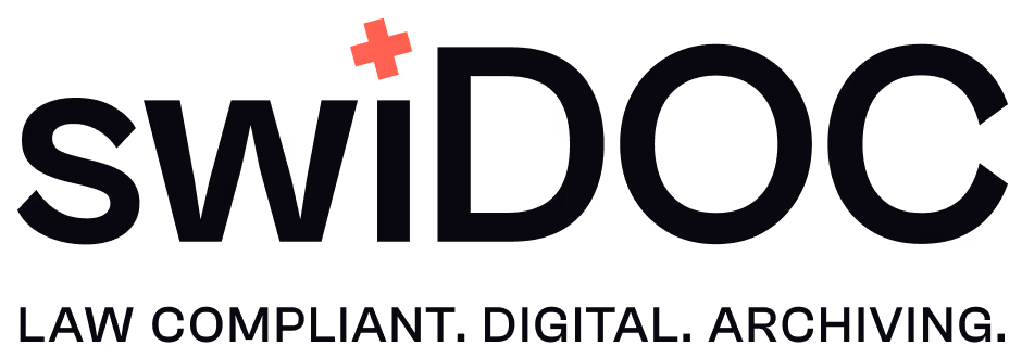 Logo von swiDOC mit rotem Pluszeichen und dem Slogan gesetzeskonformes digitales Archivieren.