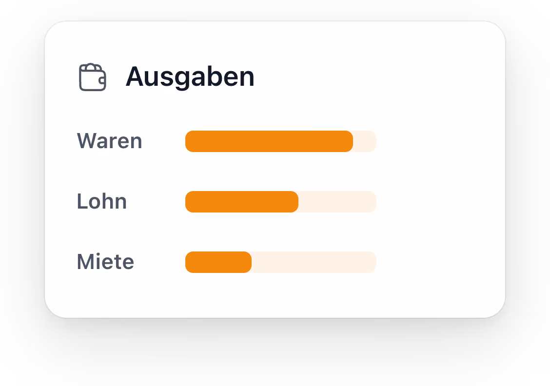 Balkendiagramm zeigt Ausgaben in Kategorien: Waren, Lohn und Miete mit unterschiedlich langen Balken.