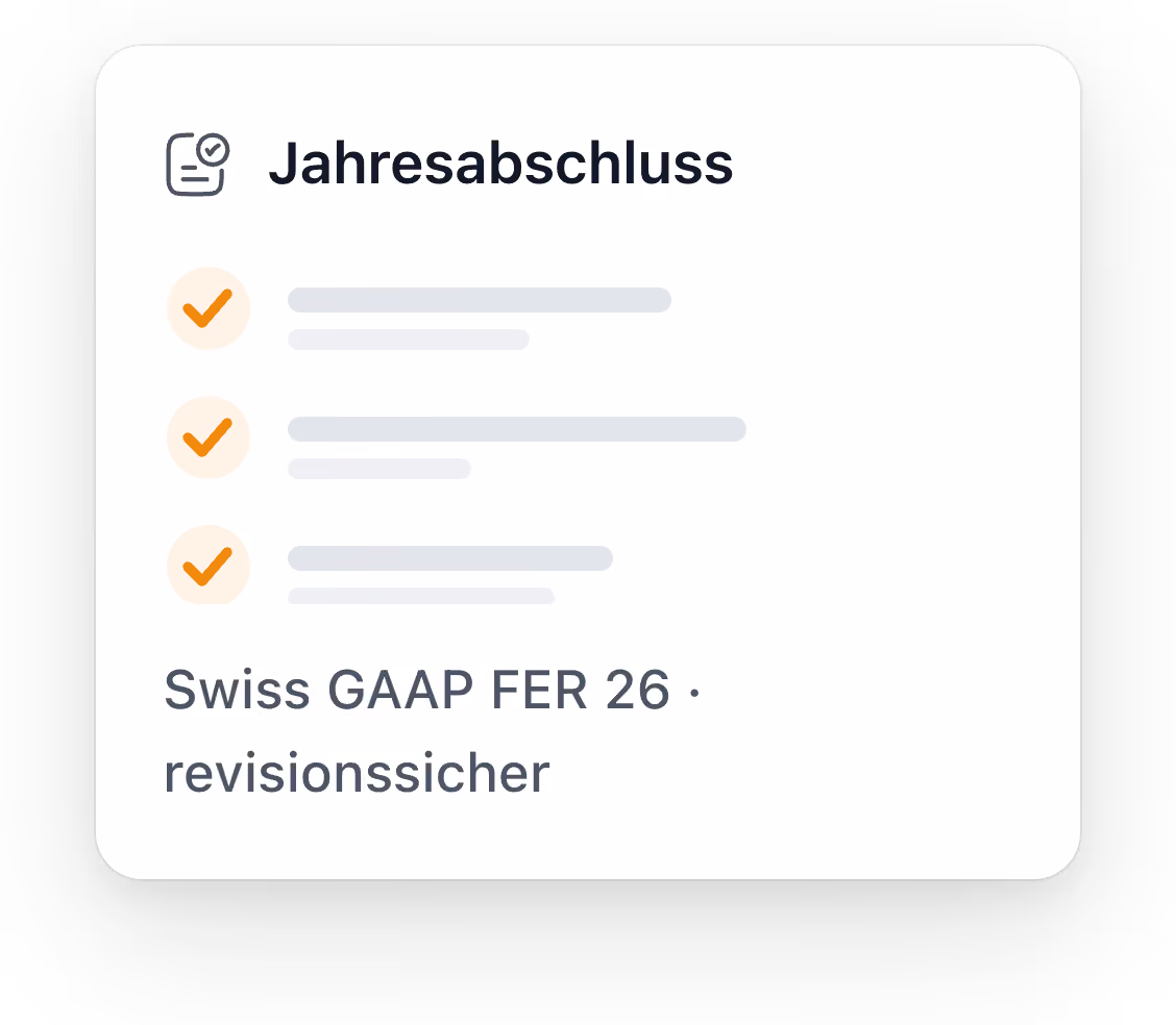 Karte mit dem Titel Jahresabschluss und drei orange markierten Checklistenpunkten, Swiss GAAP FER 26 revisionssicher.