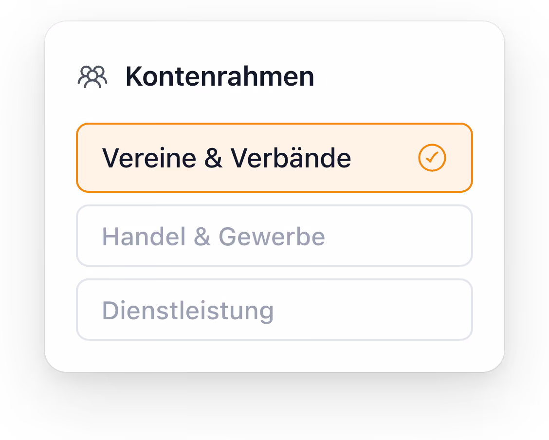 Auswahlmenü Kontenrahmen mit markiertem Eintrag Vereine & Verbände, darunter Handel & Gewerbe und Dienstleistung.