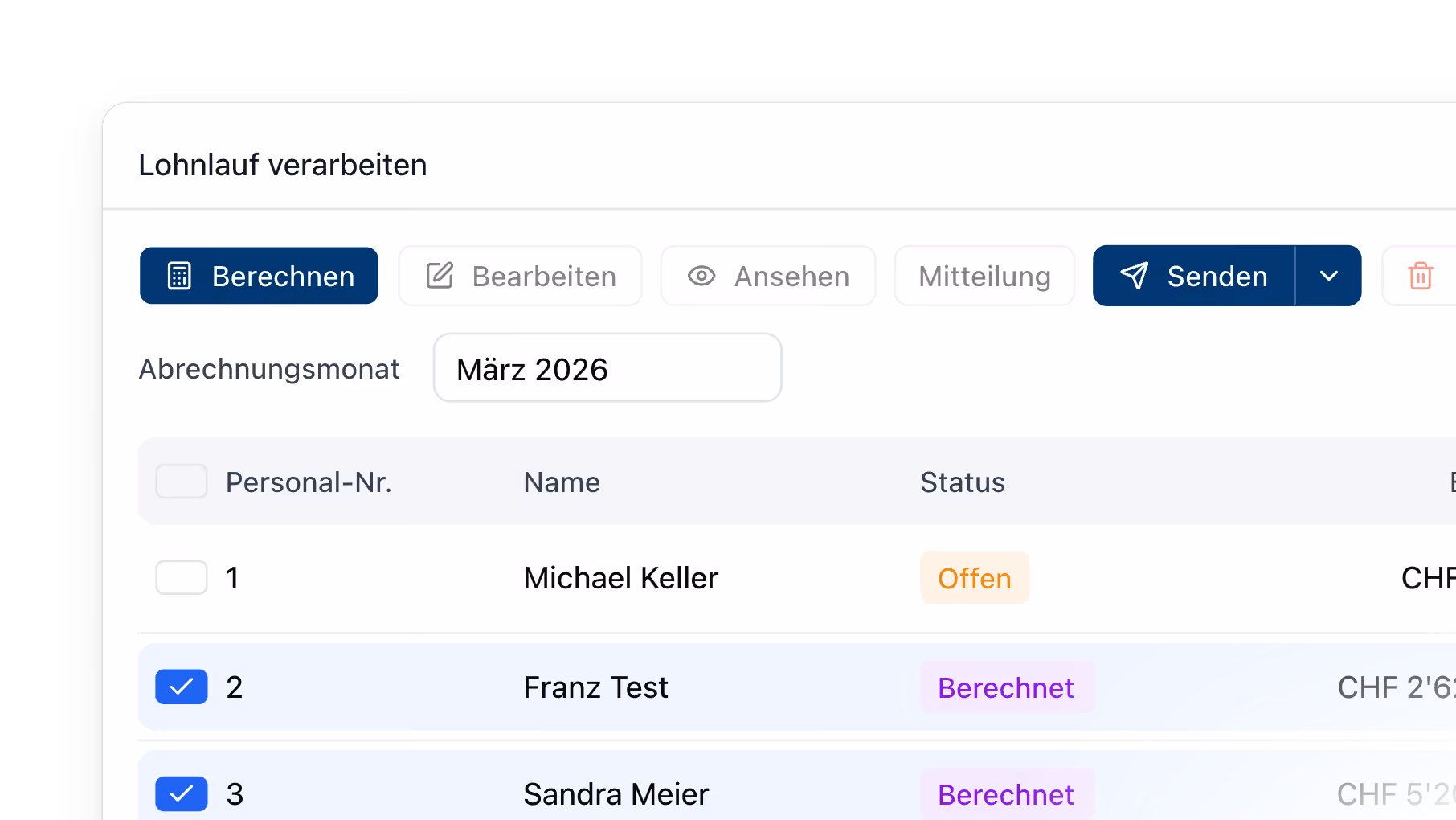 Lohnlaufverarbeitung mit Mitarbeitern, Status offen oder berechnet, Abrechnungsmonat März 2026, Buttons Berechnen und Senden.