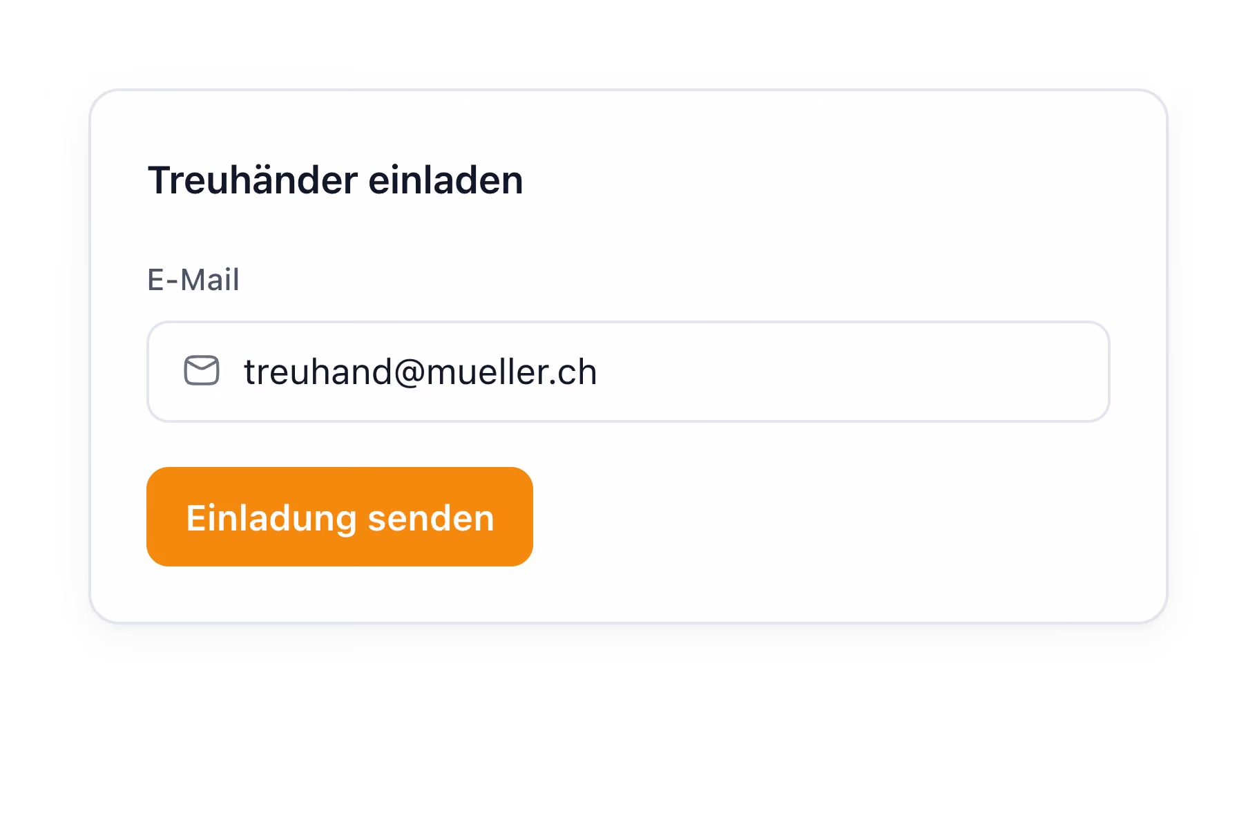 Formular zum Einladen eines Treuhänders mit E-Mail-Adresseingabe und orangefarbenem Sende-Button.