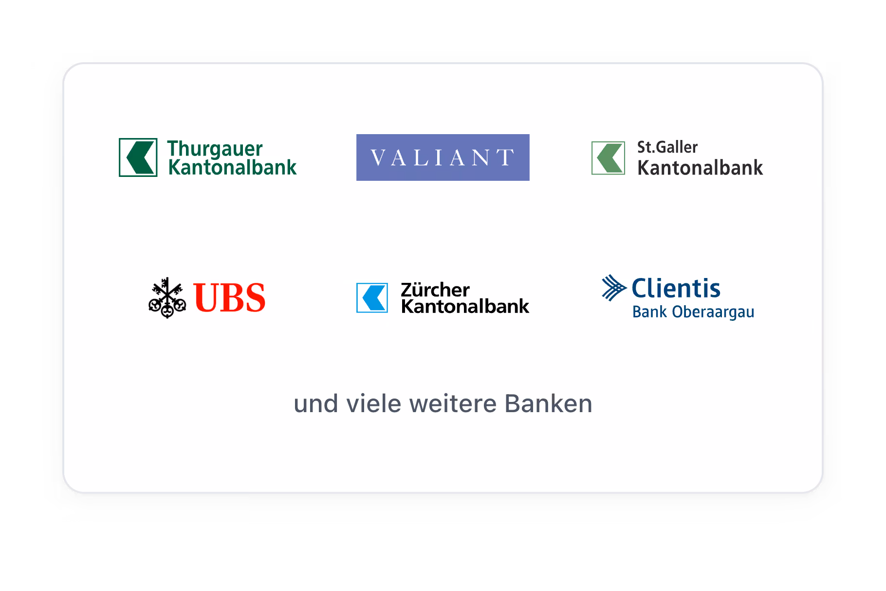 Logos von Thurgauer, St.Galler, Zürcher Kantonalbank, UBS, Valiant, Clientis Bank und weitere Banken.