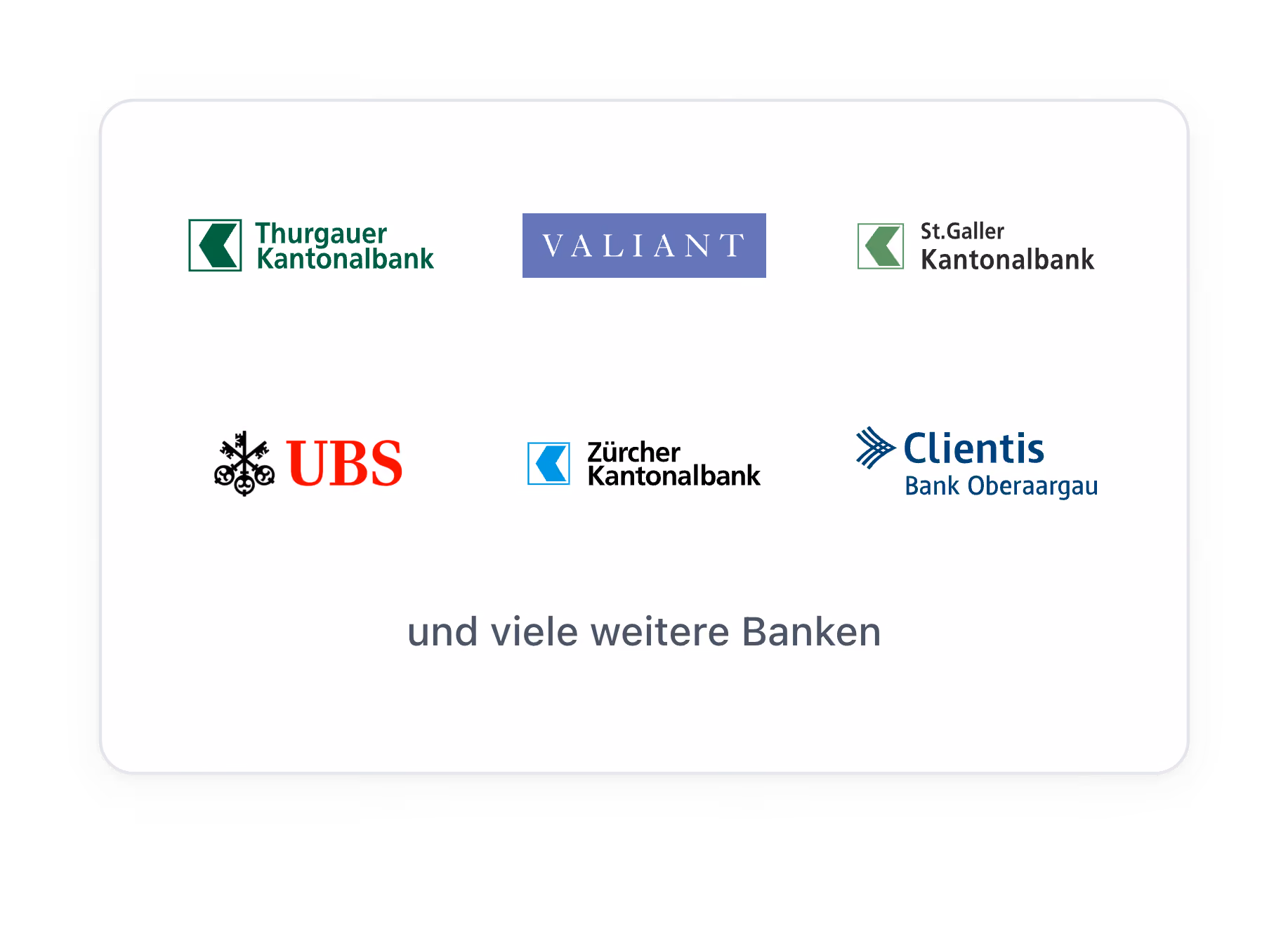 Logos unterstützter Schweizer Banken wie UBS, Zürcher Kantonalbank, Thurgauer Kantonalbank und Valiant.