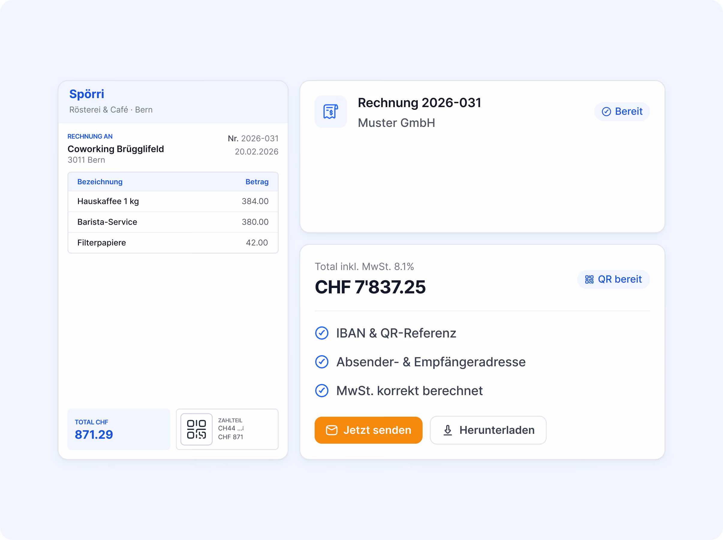 Screenshot: pebe Live Rechnung 2026-031 an Coworking Brügglifeld über CHF 871.29 für Hauskaffee, Barista-Service und Filterpapiere, inklusive QR-Rechnung, bereit zum Versenden.