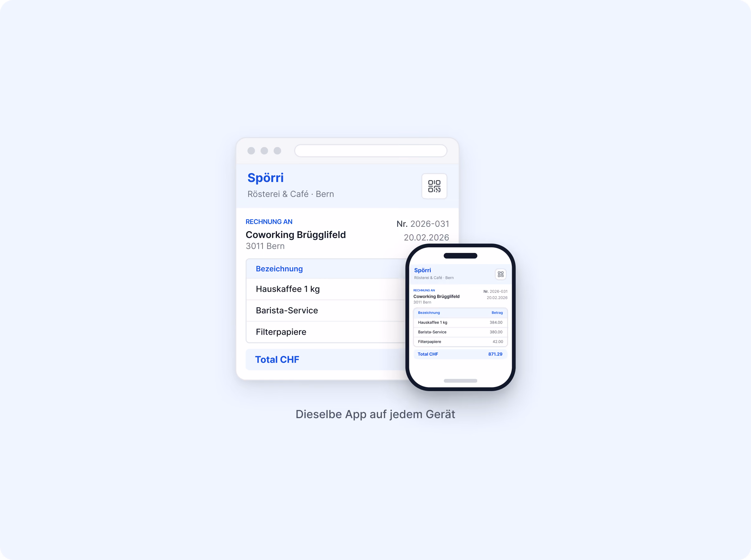 Rechnung von Spörri an Coworking Brügglifeld auf Desktop und Smartphone gleichzeitig dargestellt, Text: Dieselbe App auf jedem Gerät.
