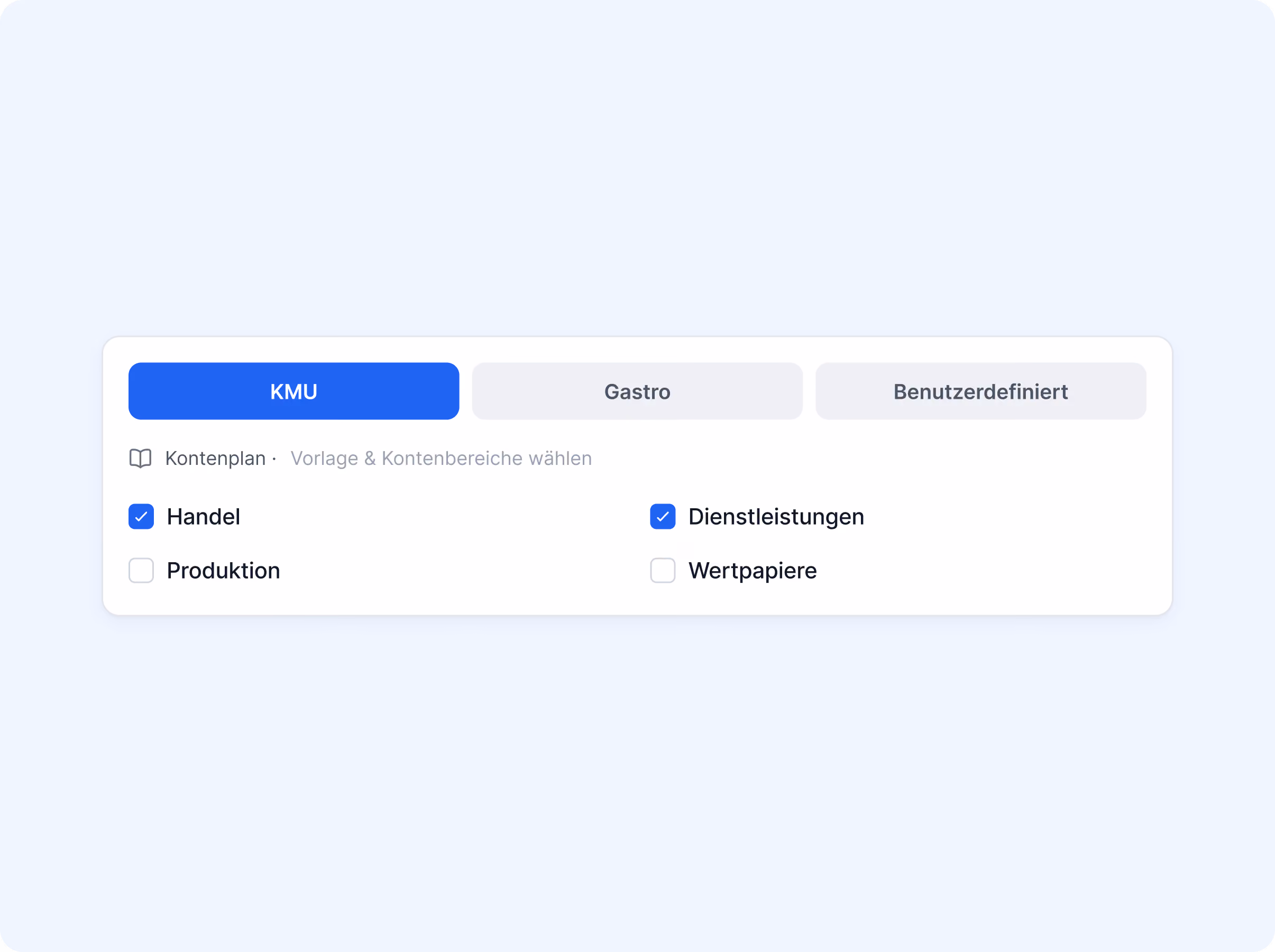 Kontenplan-Auswahl mit Vorlagen KMU, Gastro und Benutzerdefiniert; Kontenbereiche Handel und Dienstleistungen ausgewählt.