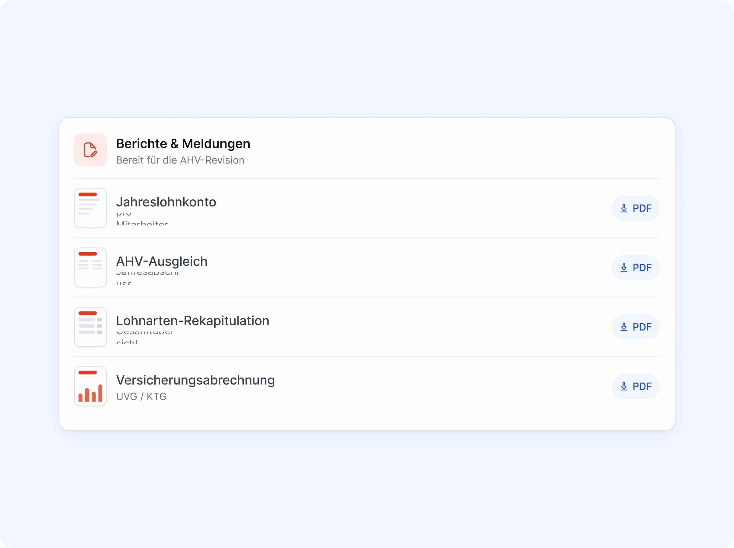 Berichte und Meldungen bereit für die AHV-Revision: Jahreslohnkonto, AHV-Ausgleich, Lohnarten-Rekapitulation und Versicherungsabrechnung UVG/KTG als PDF.