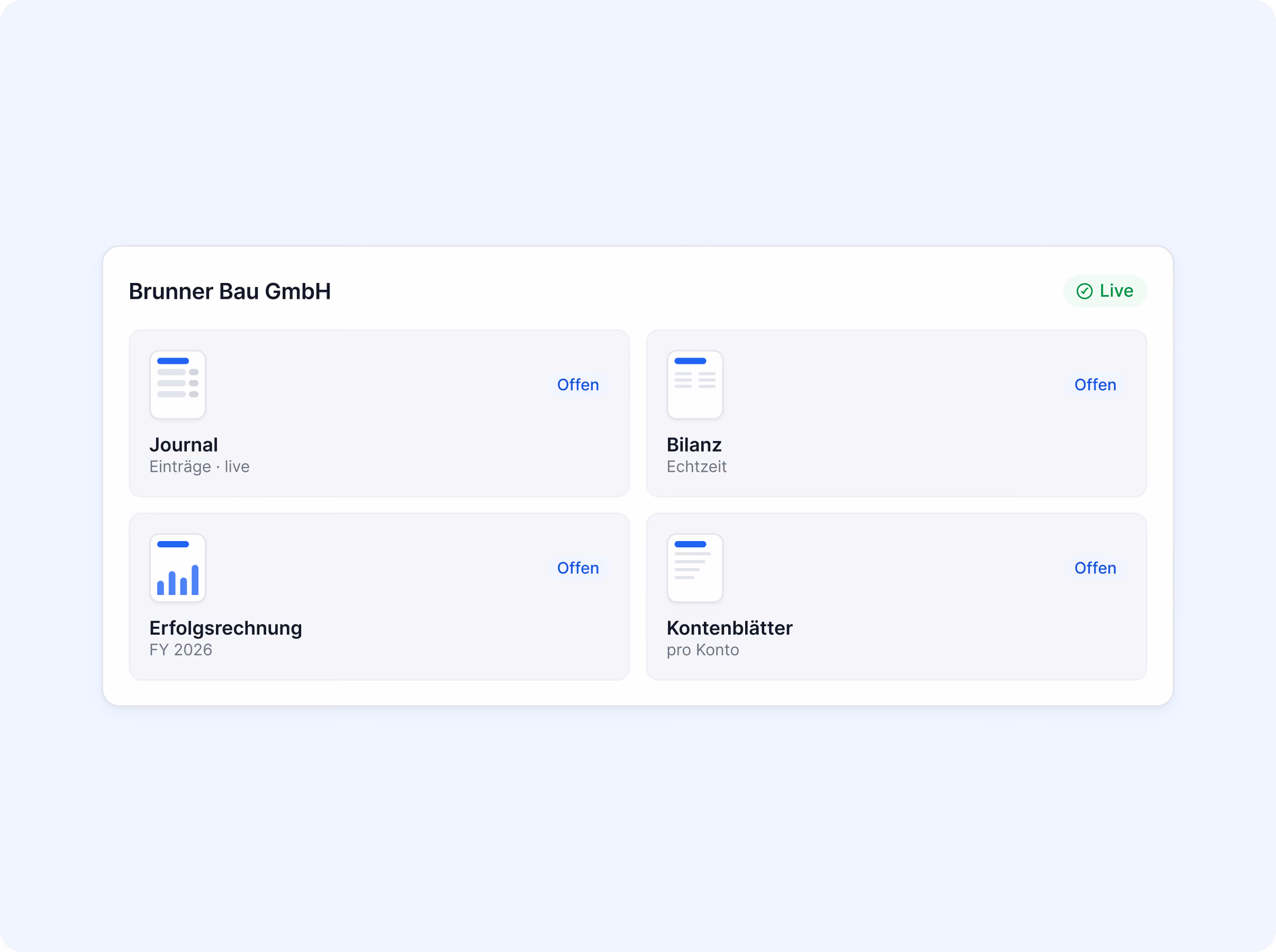 Dashboard für Brunner Bau GmbH (Live) mit direktem Zugriff auf Journal, Bilanz, Erfolgsrechnung FY 2026 und Kontenblätter.