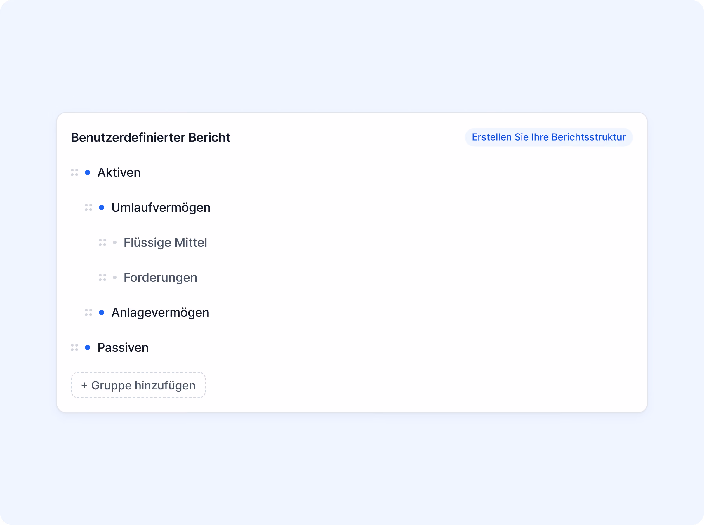Benutzerdefinierter Bericht mit Struktur Aktiven (Umlaufvermögen: Flüssige Mittel, Forderungen; Anlagevermögen) und Passiven, Option Gruppe hinzufügen.