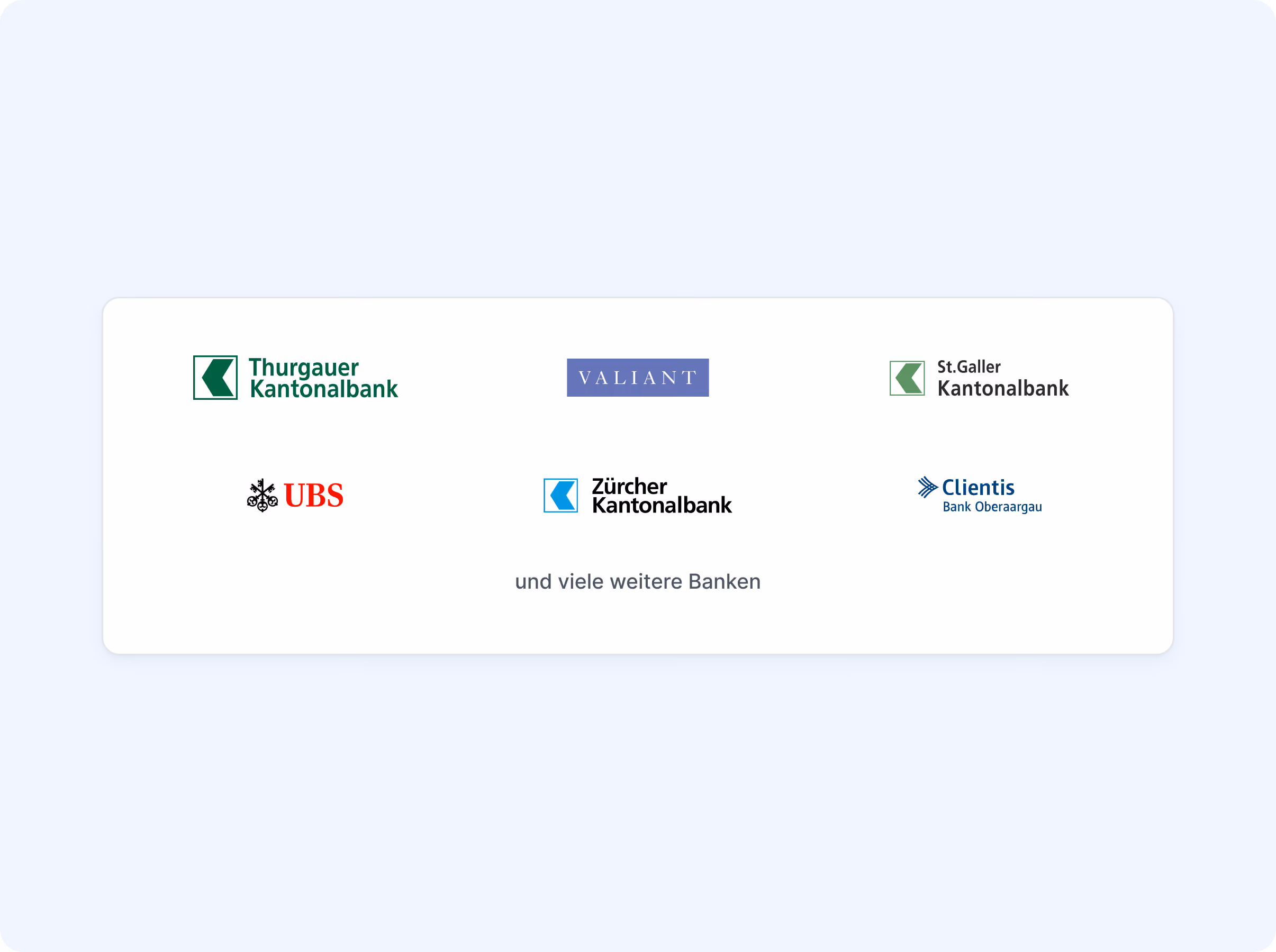 Logos Thurgauer Kantonalbank, Valiant, St.Galler Kantonalbank, UBS, Zürcher Kantonalbank und Clientis Bank Oberaargau, und viele weitere Banken.