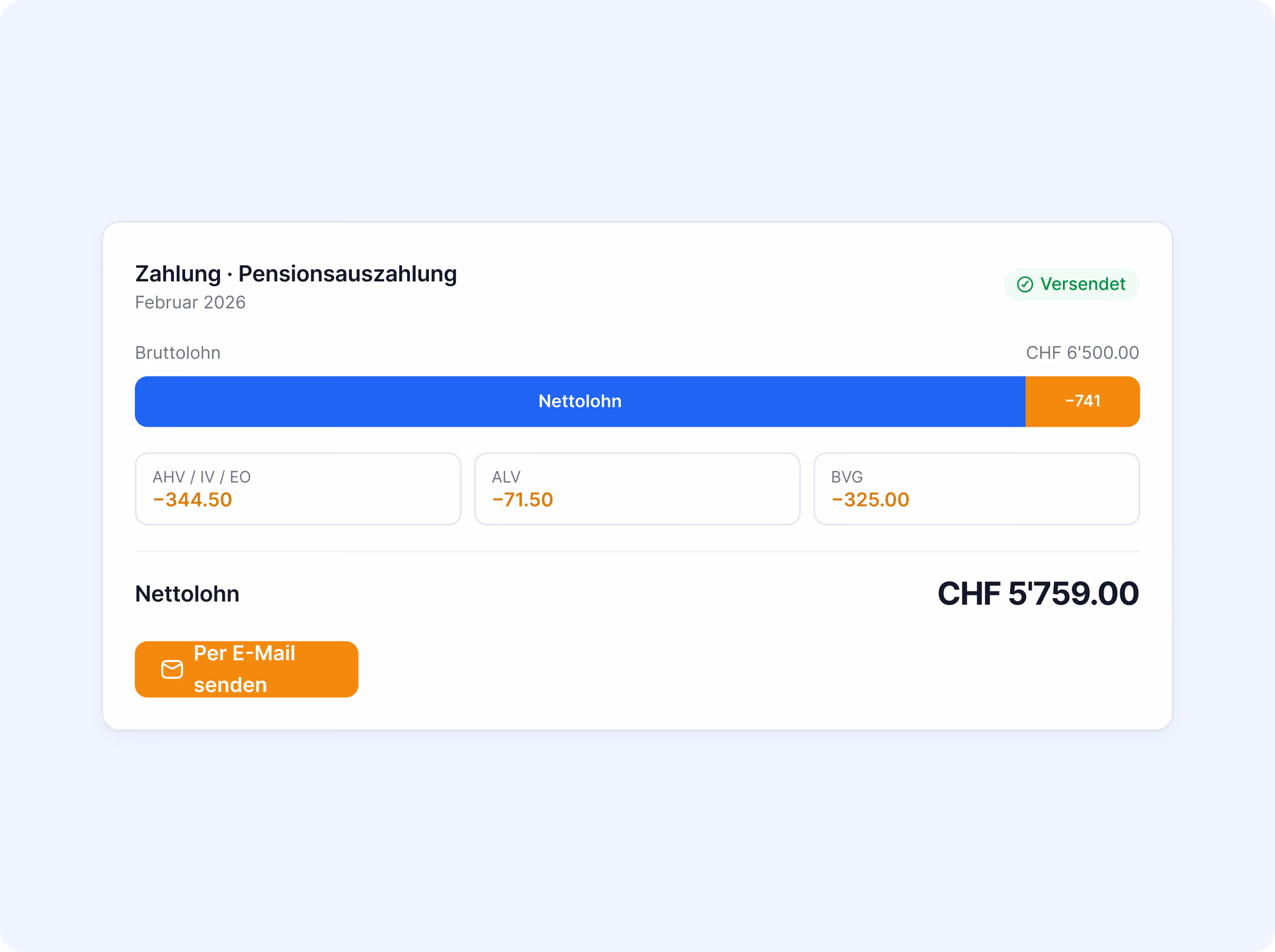 Pensionsauszahlung Februar 2026, versendet, mit Bruttolohn CHF 6'500.00, Abzügen AHV/IV/EO, ALV und BVG sowie Nettolohn CHF 5'759.00.