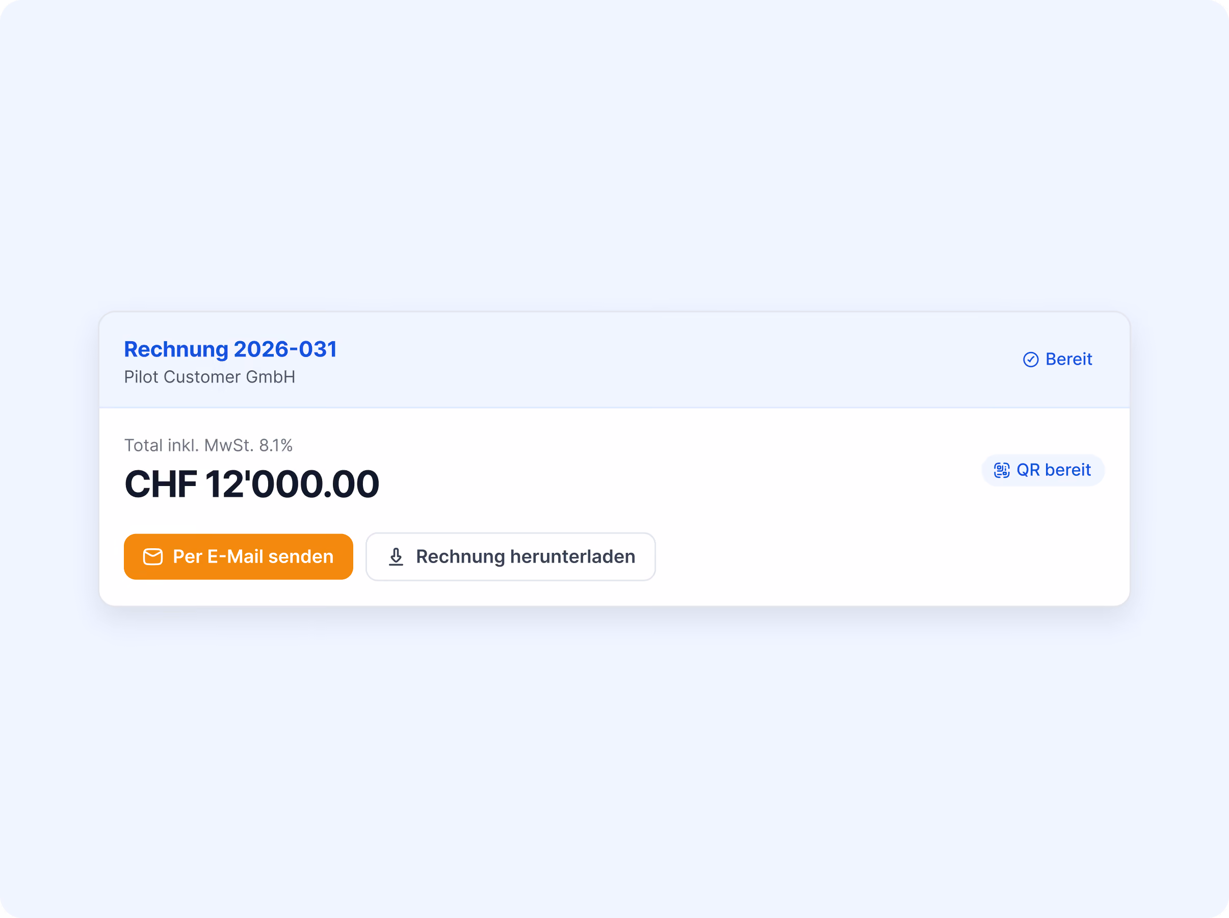 Rechnung 2026-031 an Pilot Customer GmbH über CHF 12'000.00 inkl. MwSt. 8.1%, Status Bereit, mit QR-Code sowie Optionen Per E-Mail senden und Rechnung herunterladen.