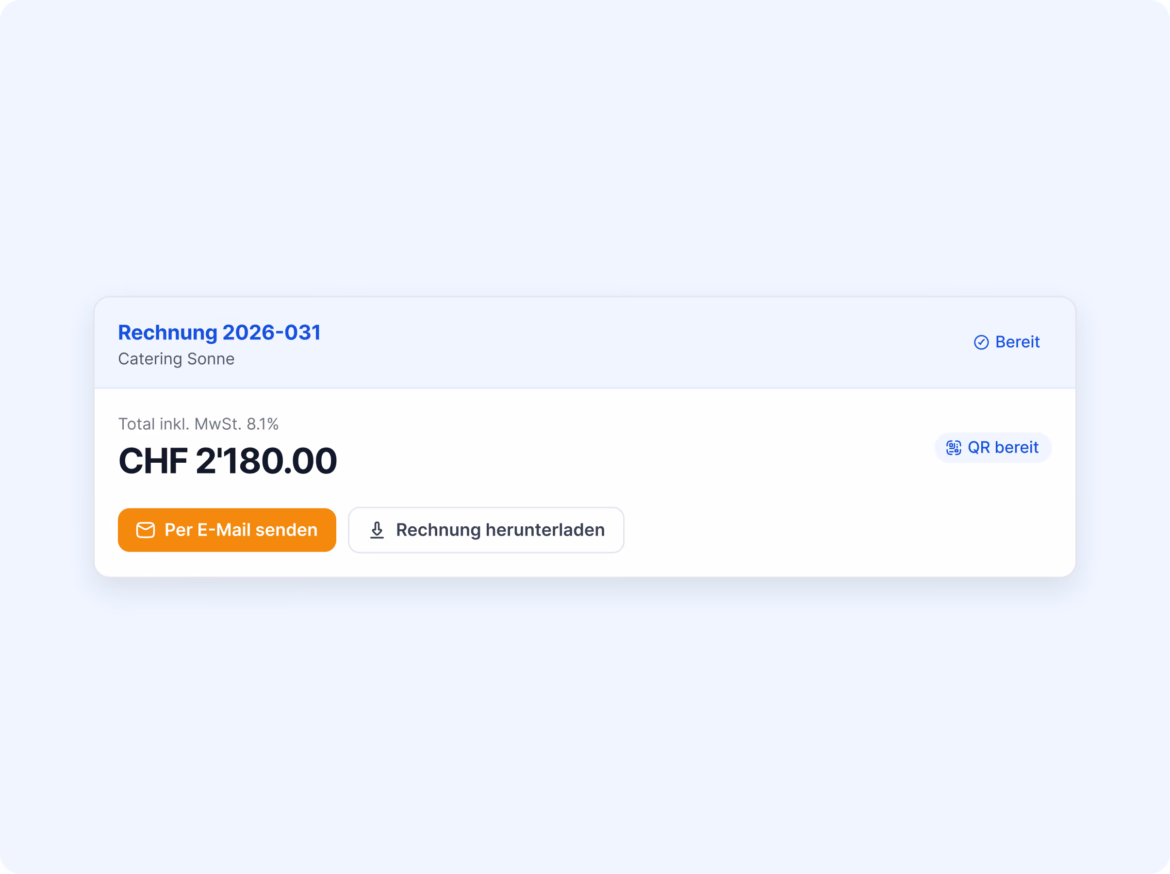 Rechnung 2026-031 an Catering Sonne über CHF 2'180.00 inkl. MwSt. 8.1%, Status Bereit, mit QR-Code sowie Optionen Per E-Mail senden und Rechnung herunterladen.