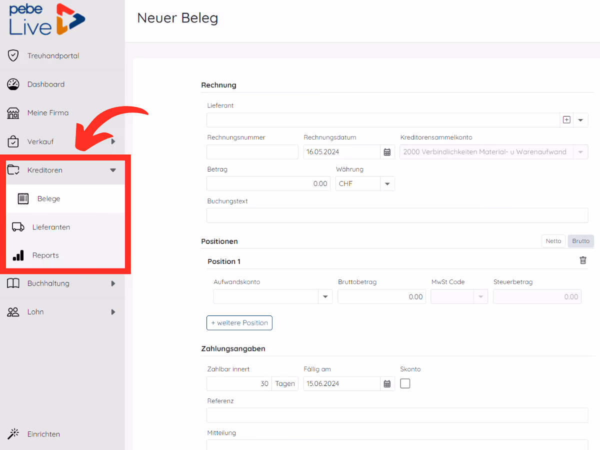 Arbeiten mit Kreditoren in pebe Live