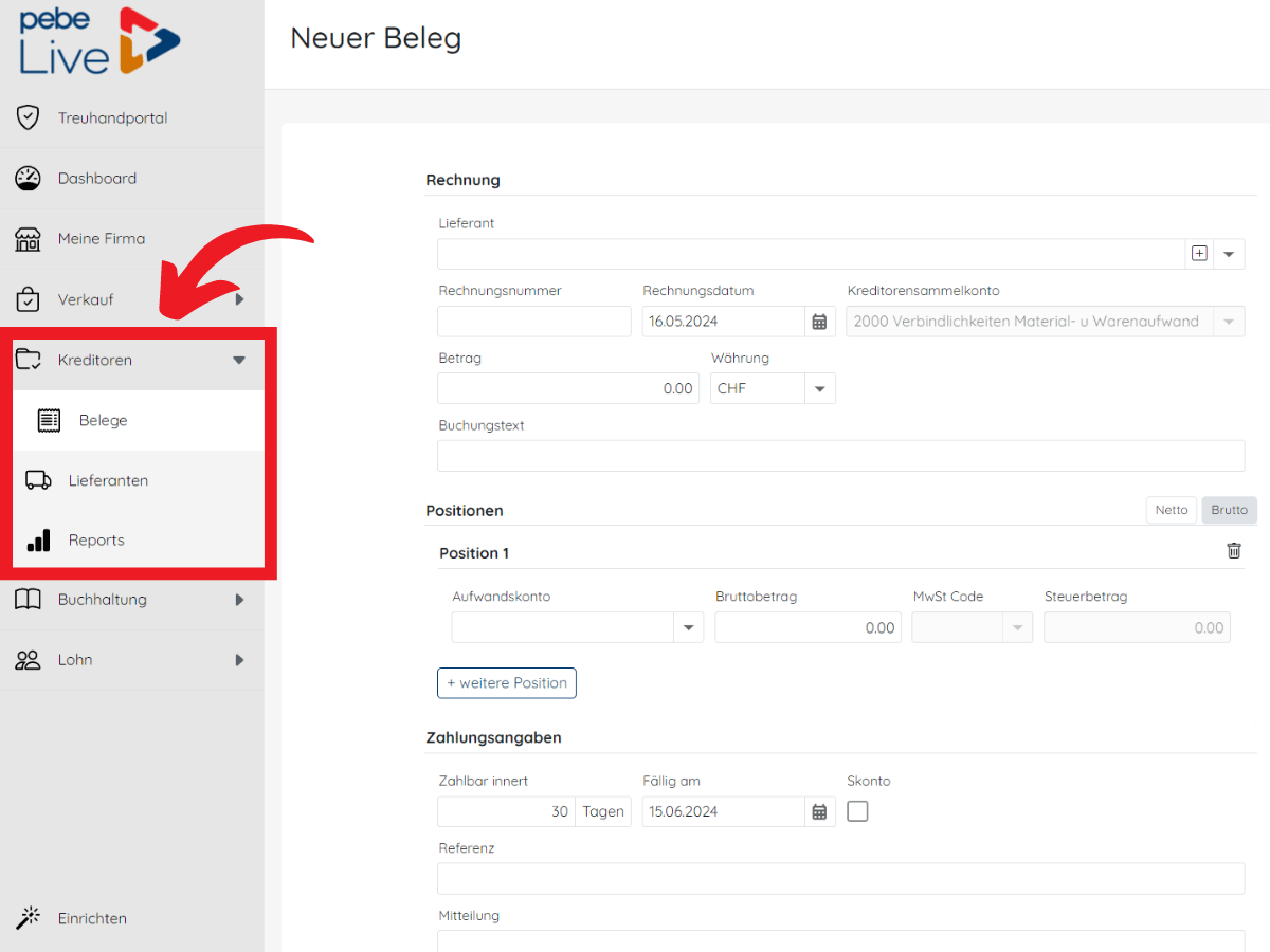 Arbeiten mit Kreditoren in pebe Live
