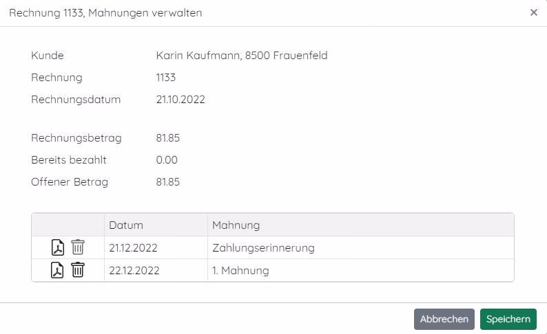 Mahnstufen löschen in pebe Live