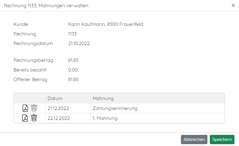 Mahnstufen löschen in pebe Live
