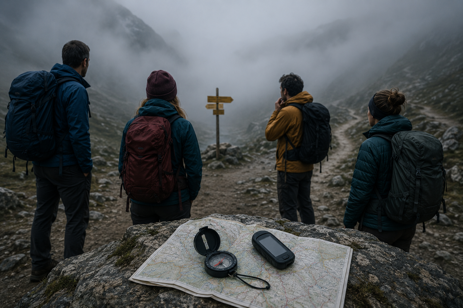 Four hikers with backpacks stand on a foggy mountain trail looking at a wooden signpost, map and compass on rock.