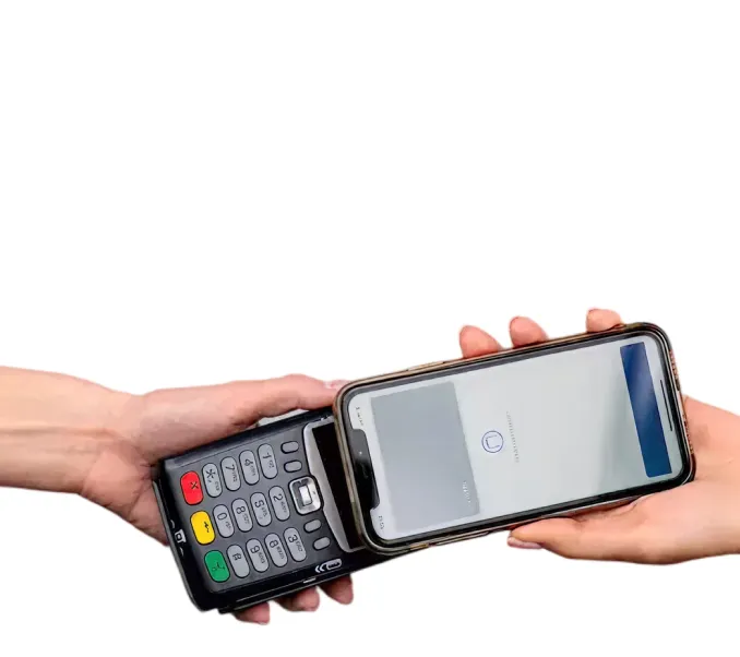 Hands holding a smartphone scanning it on a payment terminal for contactless payment.