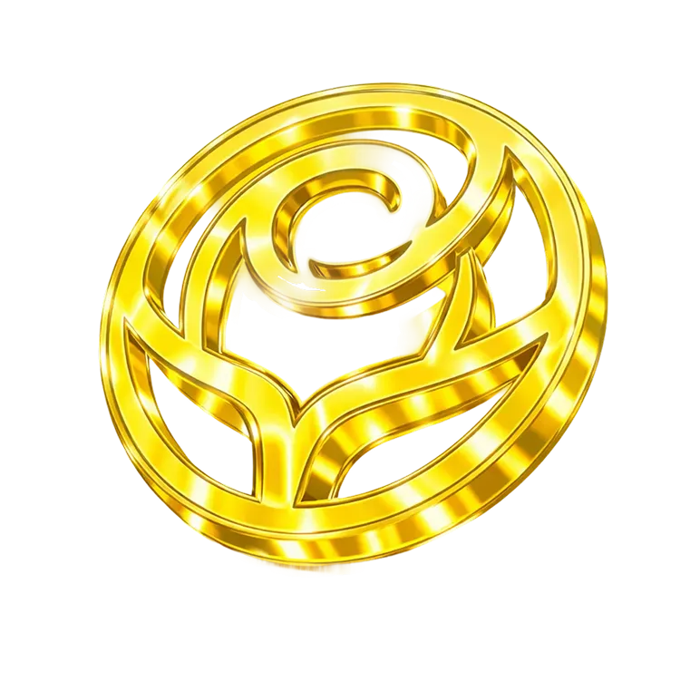 Shiny gold metallic circular emblem of a stylized rose enclosed in a ring.