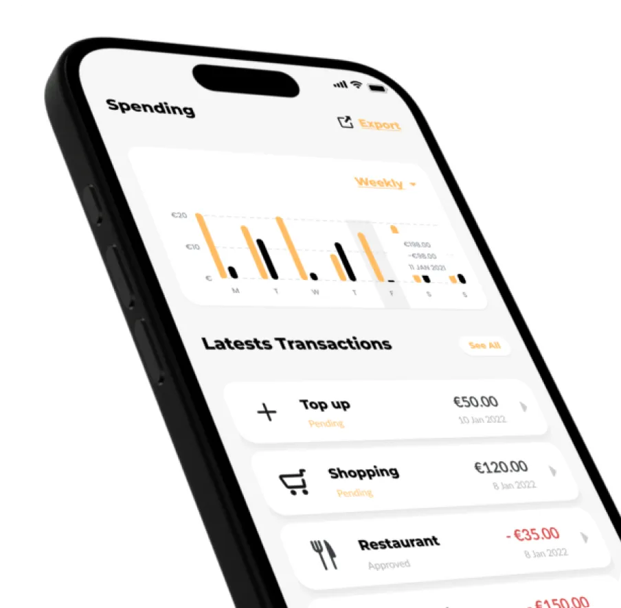 Smartphone screen showing a spending app with a weekly bar chart and latest transactions including top-up, shopping, and restaurant expenses.