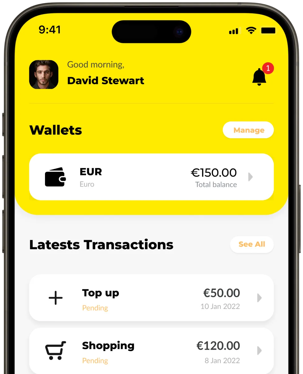 Mobile app screen showing user David Stewart's wallet with a balance of €150.00 and latest transactions including a pending €50.00 top up and a pending €120.00 shopping purchase.
