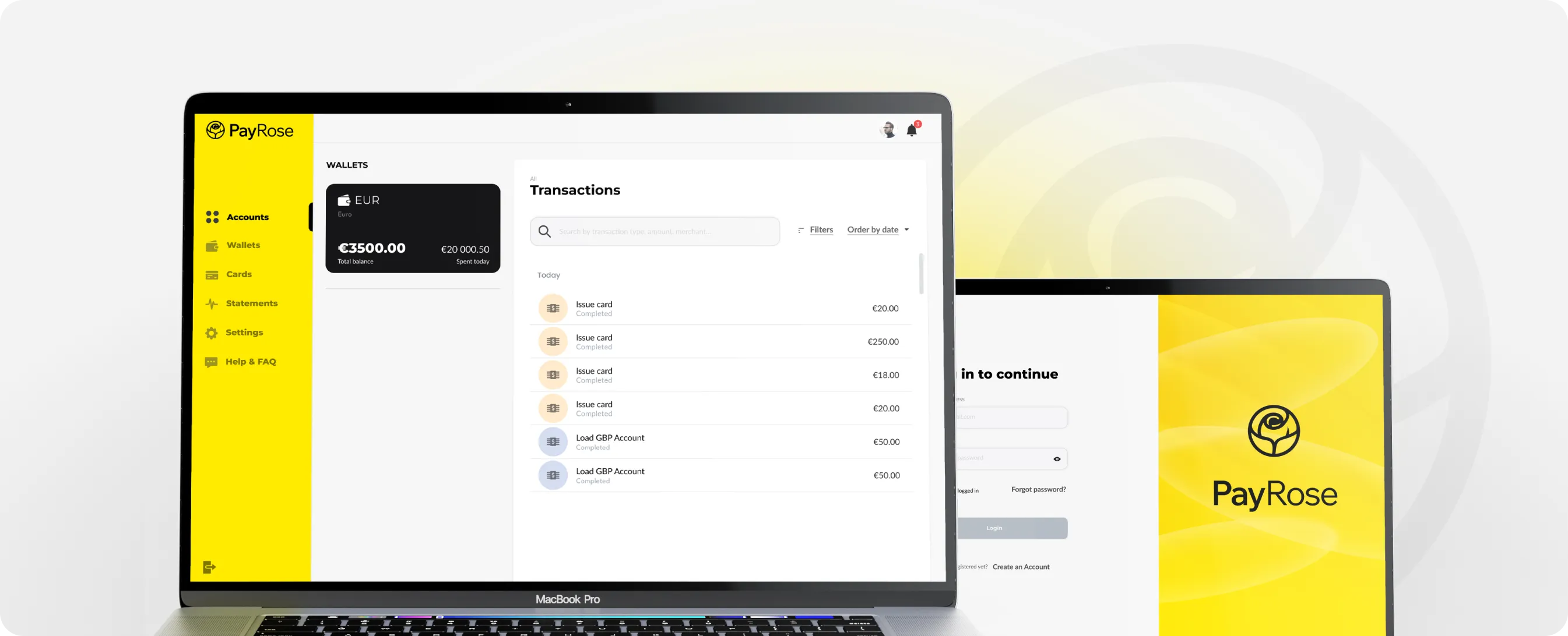 MacBook Pro displaying PayRose app with wallet balance, recent transactions, and yellow sidebar menu.