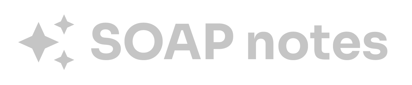 Gray text spelling SOAP notes with three sparkle icons to the left.