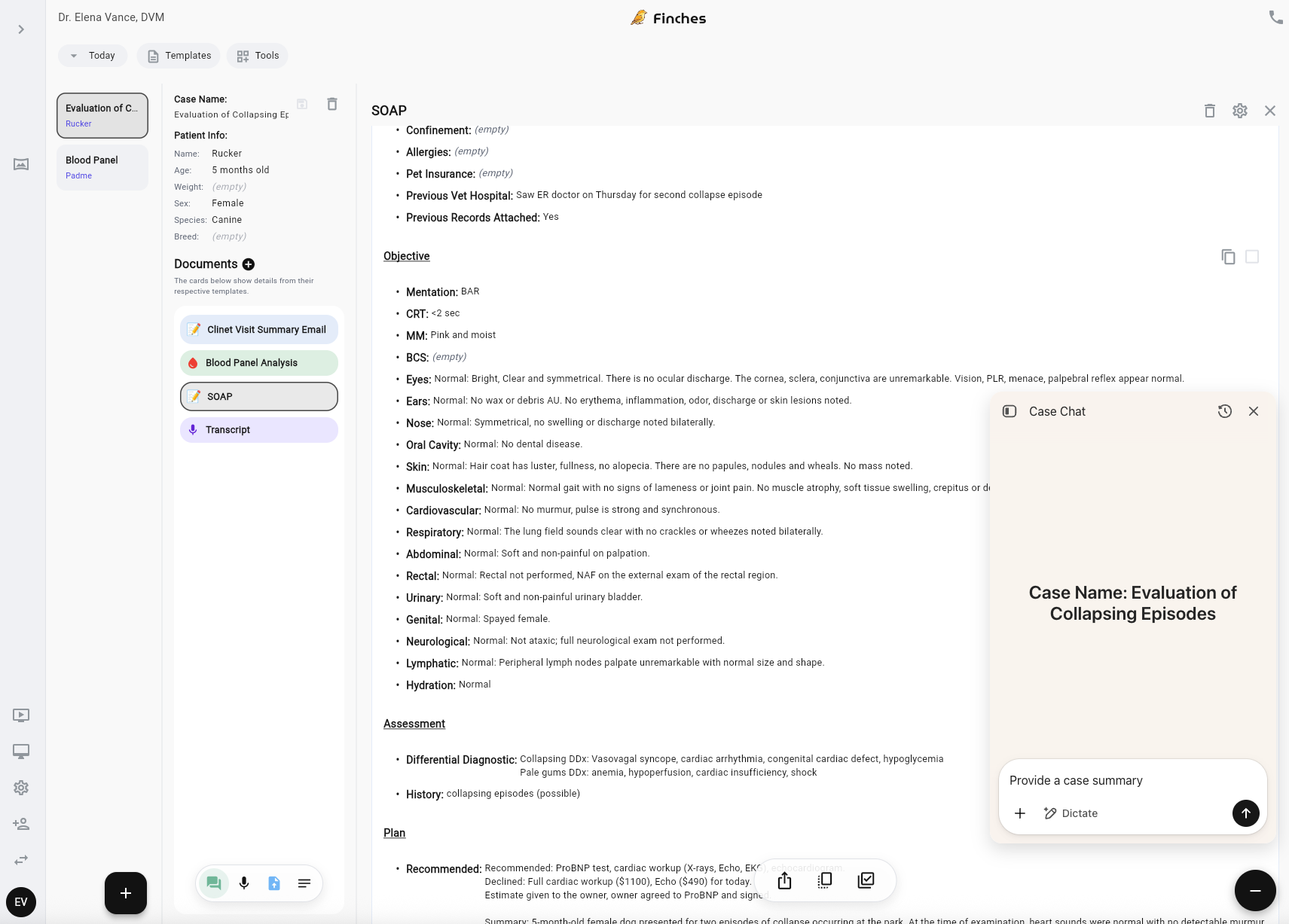 Veterinary software screen showing patient case details for a 5-month-old female canine named Rucker, with SOAP notes, objective findings, assessment, and plan visible.