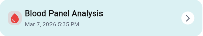 Blood Panel Analysis title with a red blood drop icon and timestamp March 7, 2026, 5:35 PM on a light blue rounded background.