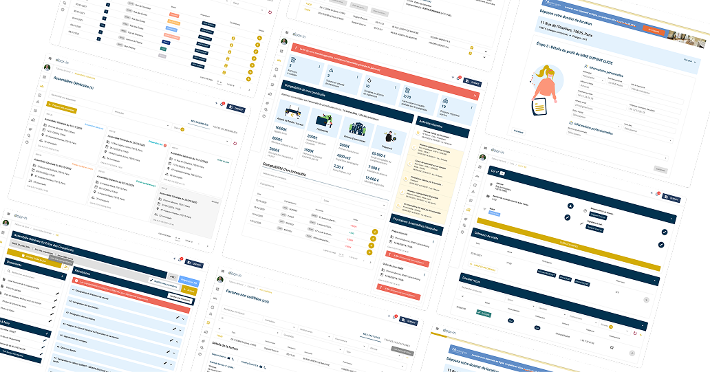 Collage of multiple angled screenshots from a software dashboard showing data tables, charts, user information, invoices, and project management features with a clean, modern interface.