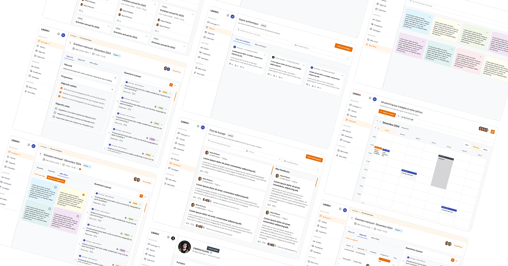 Collage of multiple screenshots displaying a project management interface with sections for tasks, comments, calendar, and notes labeled 'U-MAN'.