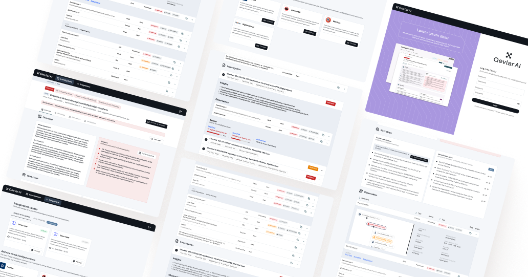 Collage of QevlarAI user interface screens showing investigation details, observations, sites, integrations center, and login page.