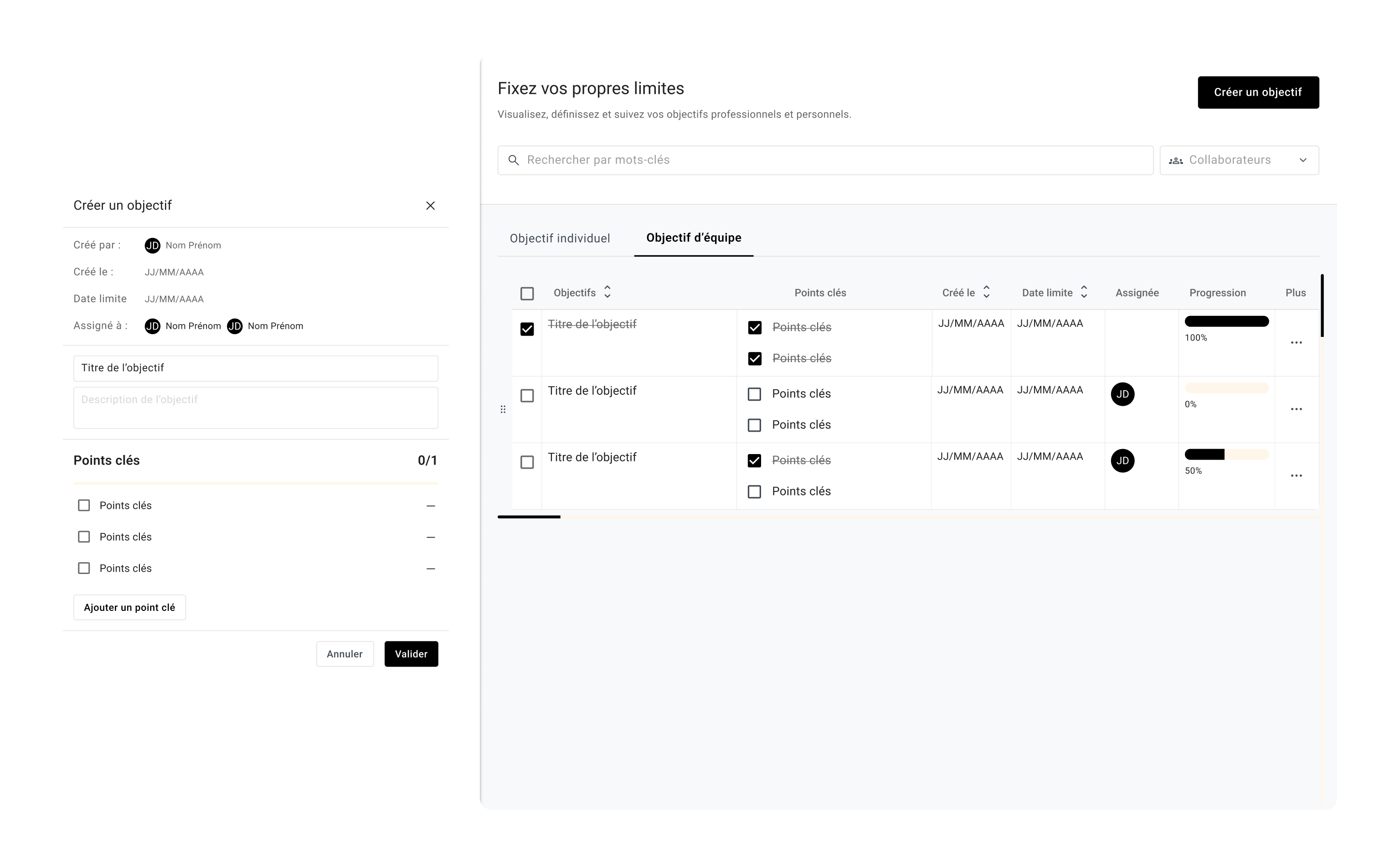 Dashboard interface for setting professional and personal goals in French, showing a team objectives tab with checklist, key points, creation and deadline dates, assignees, and progress bars, alongside a pop-up form to create a new goal with fields for title, description, key points, and assignees.