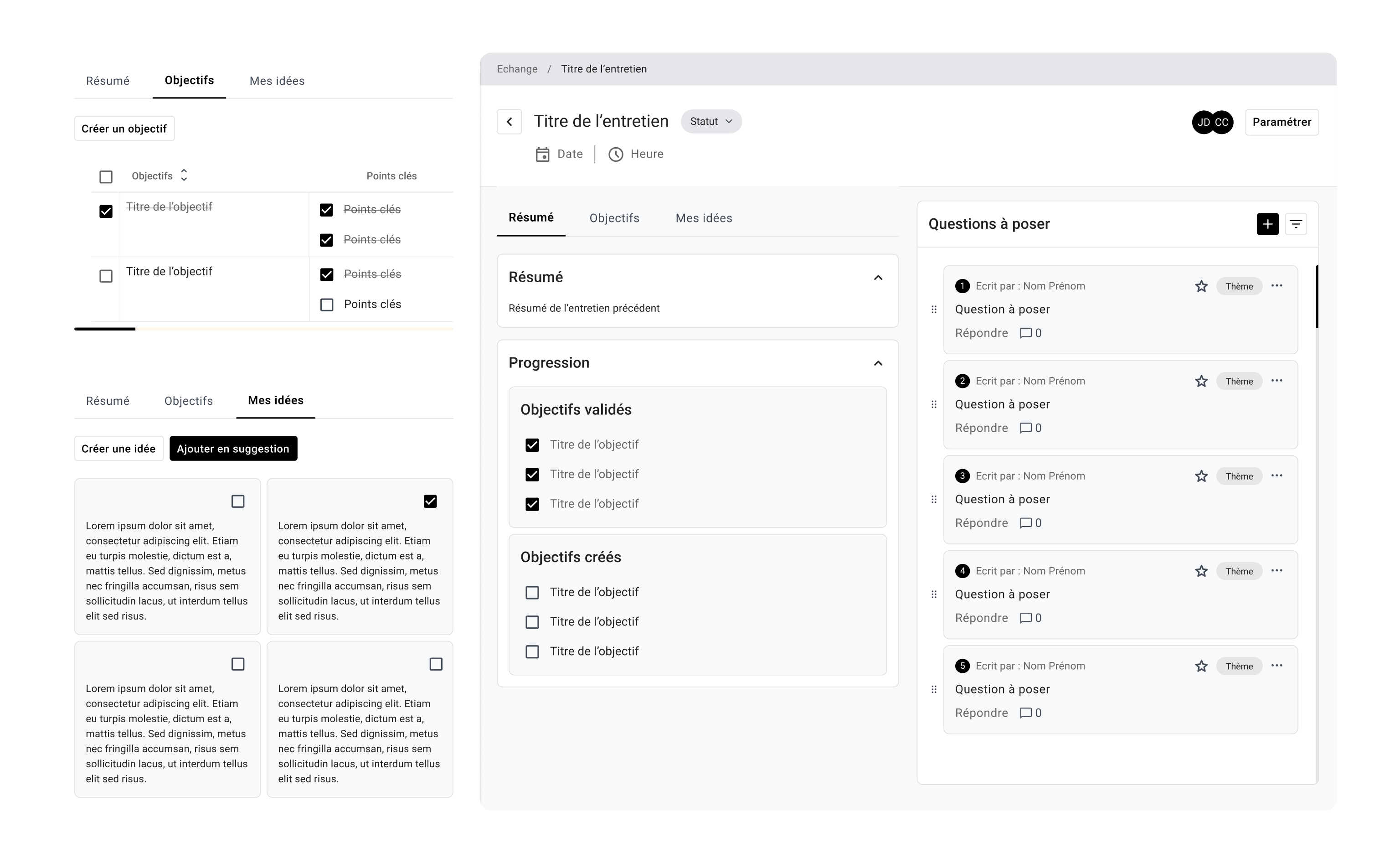 User interface showing a meeting management dashboard with tabs for Résumé, Objectifs, and Mes idées containing task lists, progress tracking with validated and created objectives, and a section for questions to ask with options to add and filter questions.