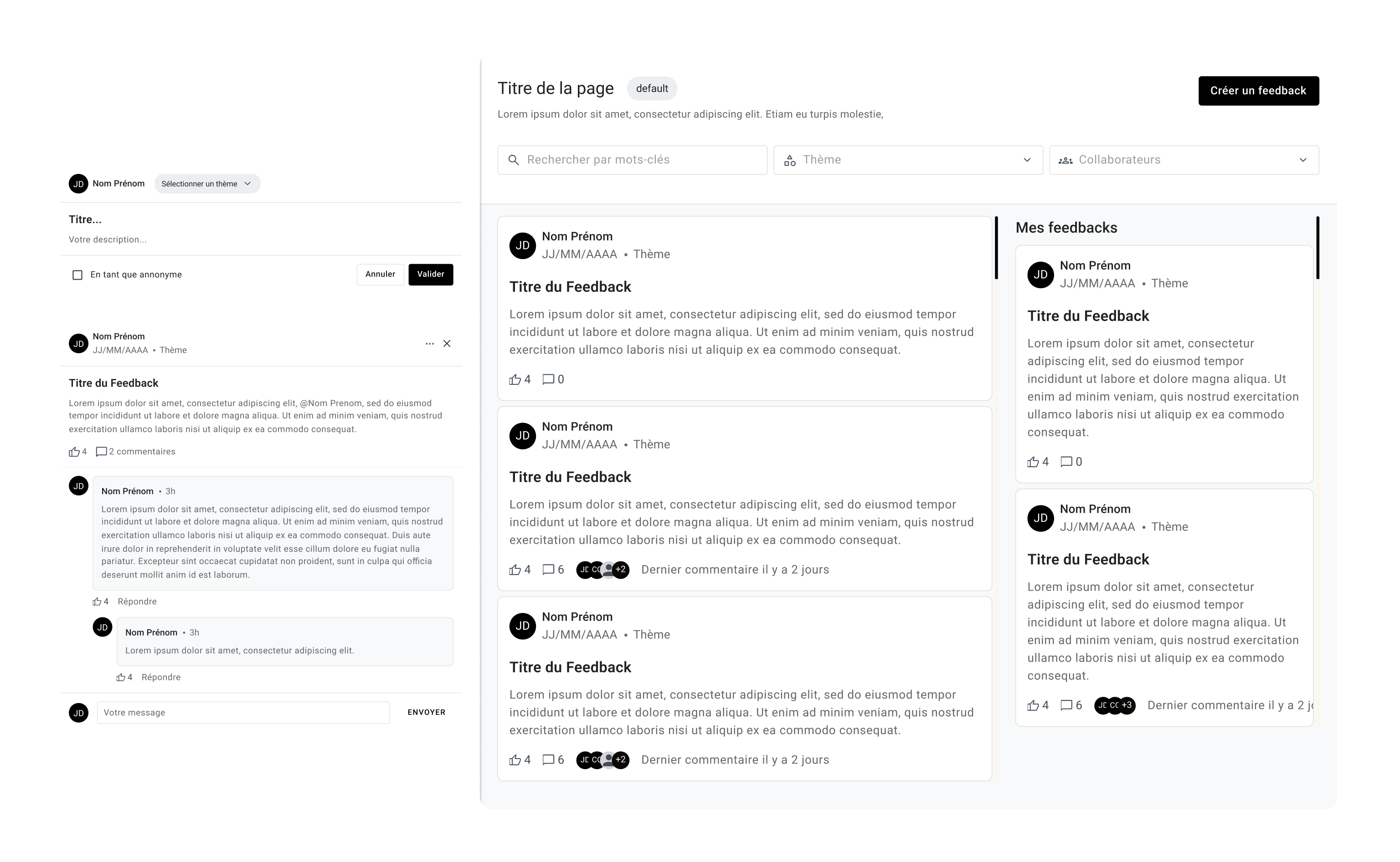 User interface wireframe showing a French feedback page with a search bar, filters, feedback posts, and a form for creating and replying to feedback.