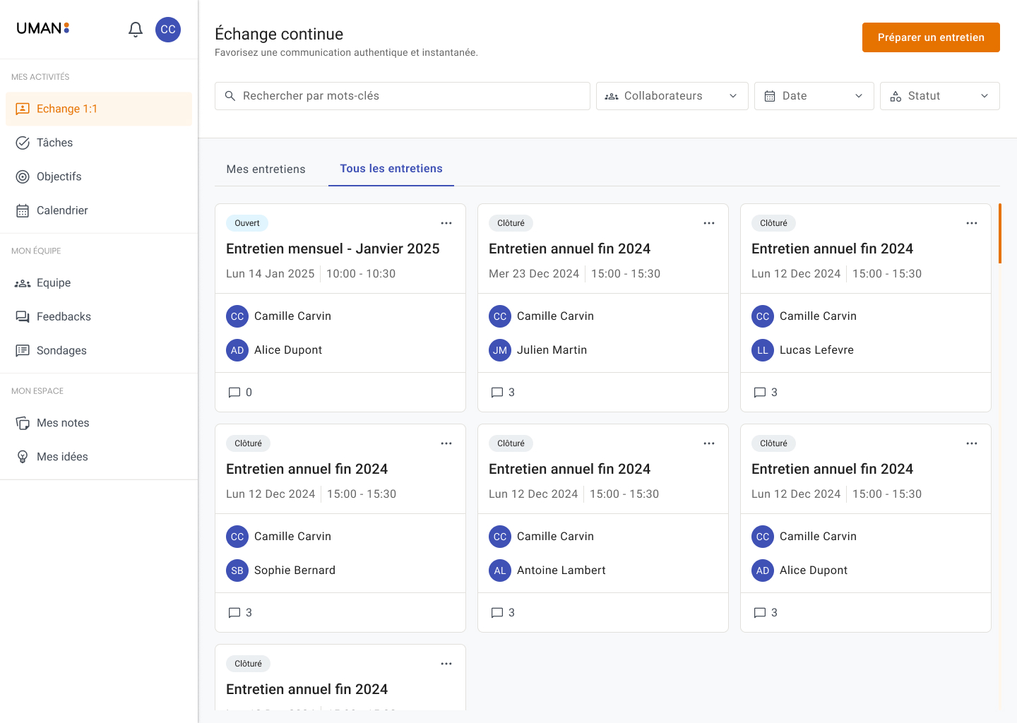 Dashboard interface showing scheduled meetings in French, listing multiple annual and monthly review appointments with participant names and dates.