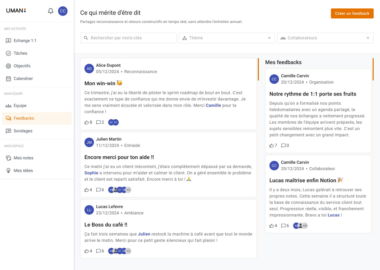 Dashboard interface in French showing employee feedback posts with user icons, dates, categories, and comment and like counts.