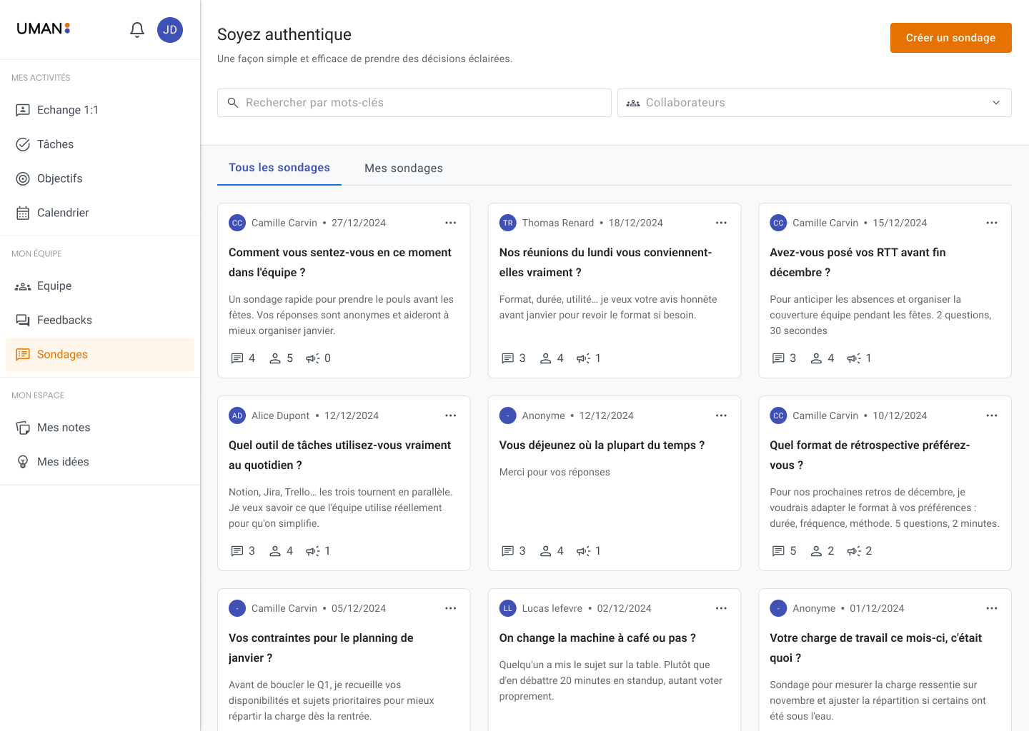 Dashboard interface of UMAN survey tool showing a list of team survey questions and responses in French with navigation menu on the left.