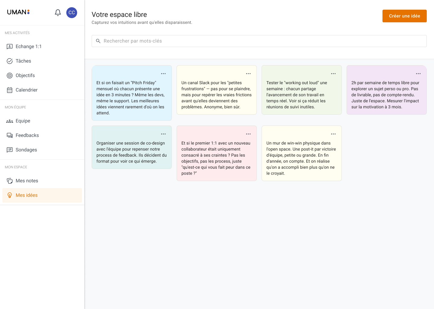 User interface of UMAN app showing a sidebar with activity options and a main area with colorful idea notes in French about team collaboration and productivity.