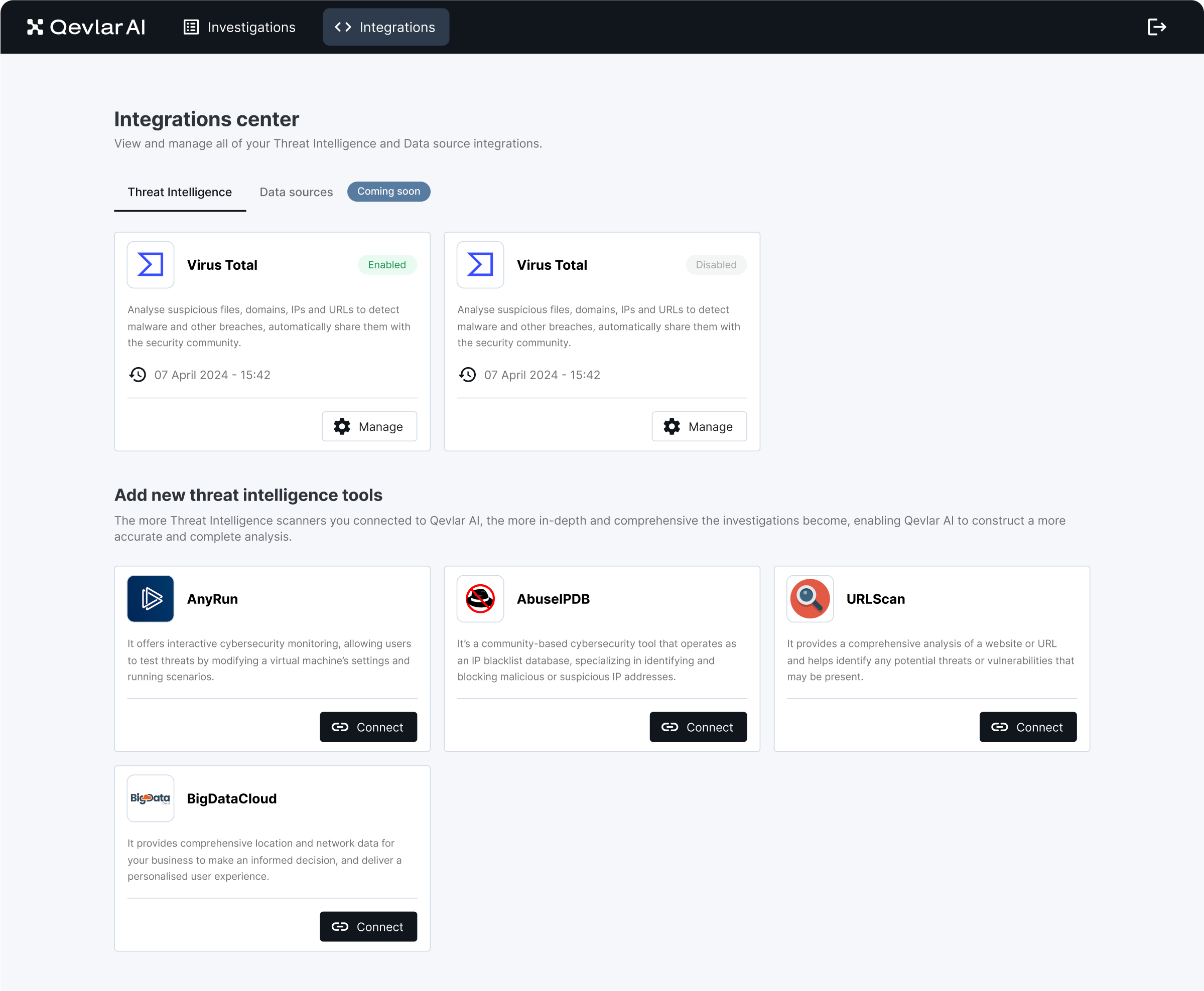 Qevlar AI Integrations center interface showing Threat Intelligence integrations with Virus Total enabled and disabled, plus options to add new tools AnyRun, AbuseIPDB, URLScan, and BigDataCloud.
