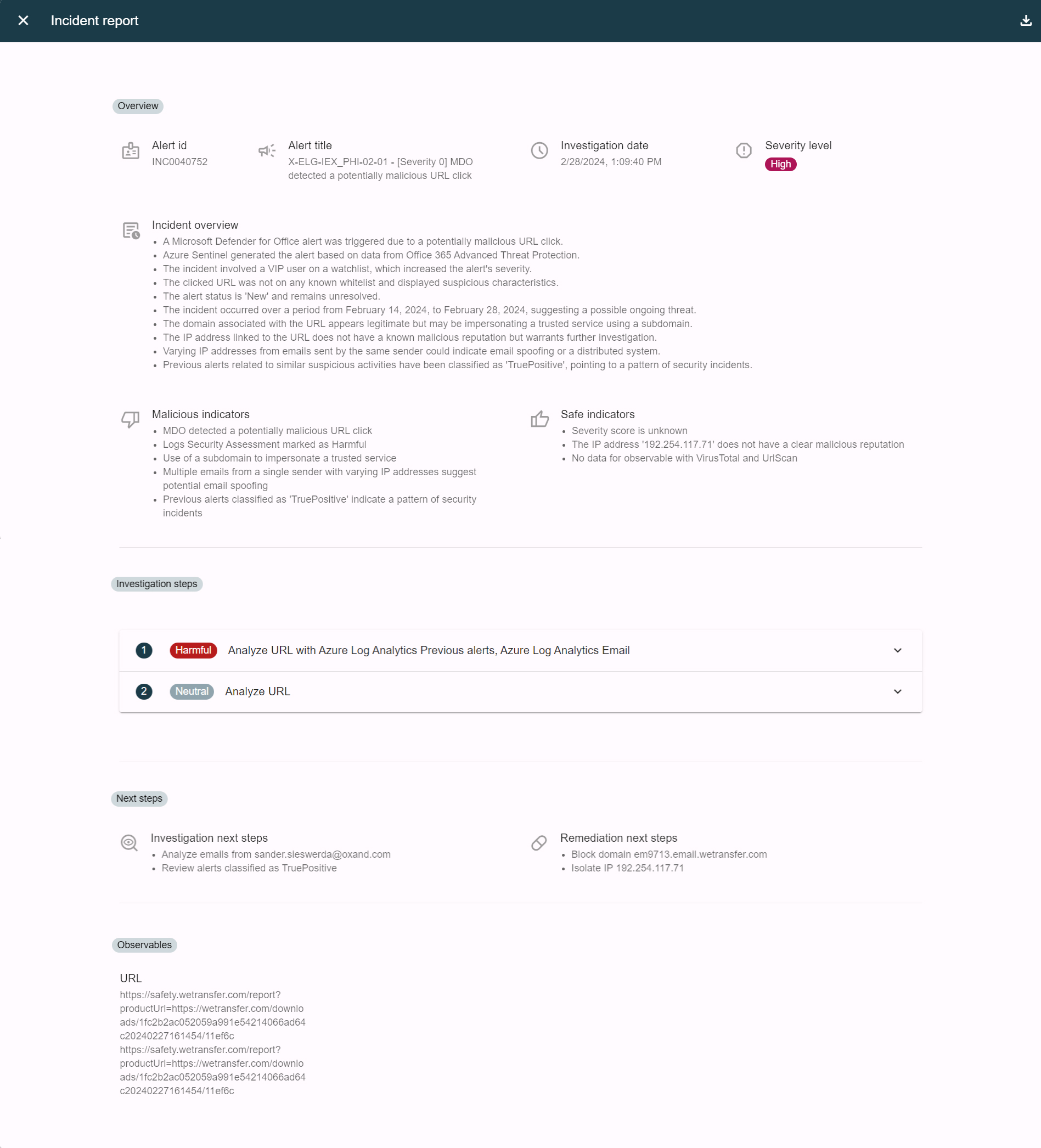 Incident report page showing alert ID INC0040752 for a potentially malicious URL click marked with high severity and investigation details including malicious and safe indicators, investigation steps with harmful and neutral analysis, next investigation and remediation steps, and a repeated suspicious URL.