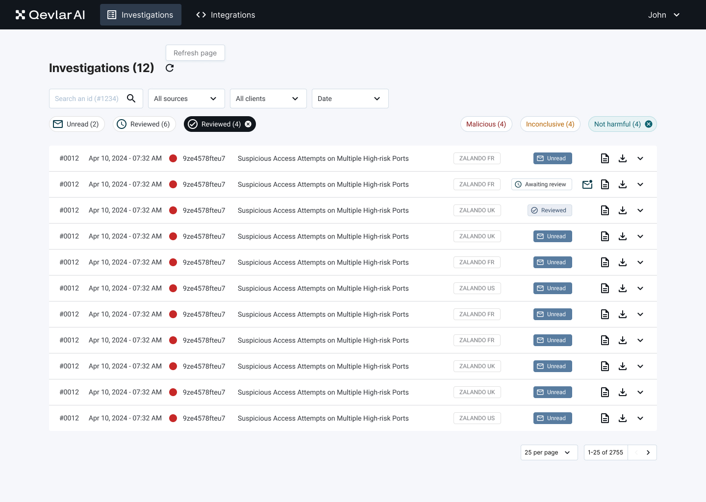 Qevlar AI Investigations dashboard showing a list of 12 suspicious access attempt alerts from April 10, 2024, with filters for source, client, and date, and status tags like Unread, Reviewed, and Awaiting review.