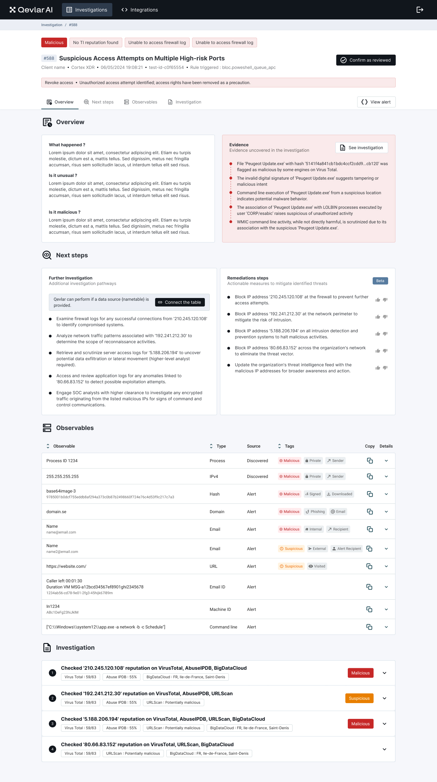 Qevlar AI investigation dashboard showing suspicious access attempts on multiple high-risk ports with sections for overview, next steps, observables, and investigation details.