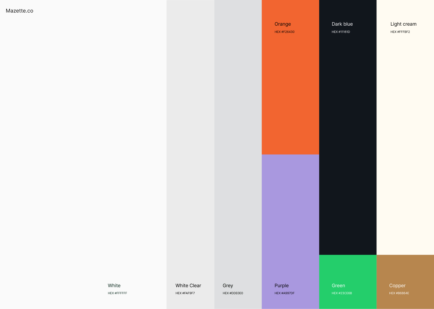 Vertical color palette bars labeled with names and HEX codes: White, White Clear, Grey, Purple, Orange, Green, Dark blue, Copper, and Light cream.