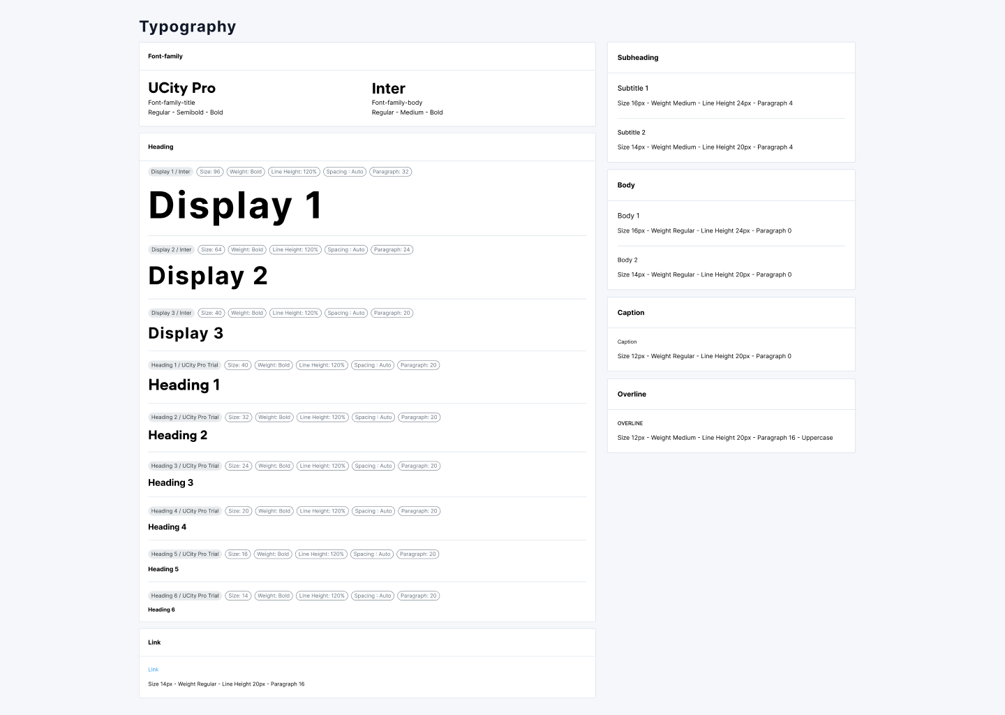 Typography guide showing font families UCity Pro and Inter with various headings, subtitles, body text, captions, overline, and link styles including size, weight, line height, and paragraph spacing details.