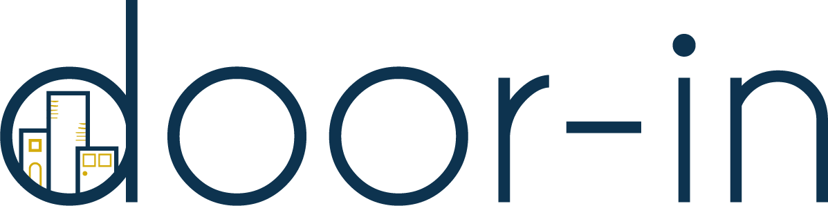 Door-in logo featuring stylized lowercase text with building icons inside the letter 'd'.